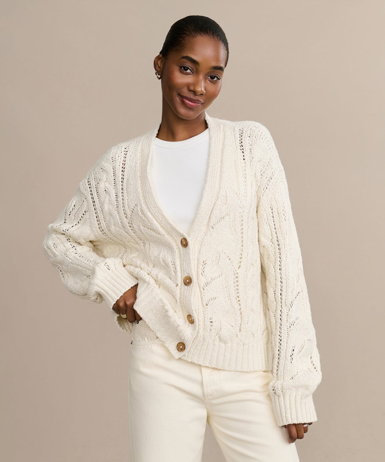 H&m White Knit Cardigan Sweater Cable-knit Zip-through Hoodie