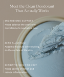 A container of Microbiome Balancing Deodorant sits on a soft beige background, its smooth pale blue formula highlighted by text emphasizing microbiome balance, sensitive skin support, and an aluminum-free formula.