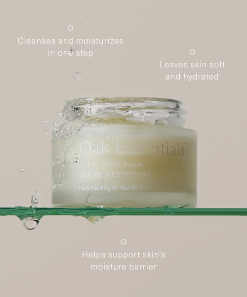 A jar of Cleansing Balm partially submerged in water, with text: This balm-to-oil cleanser removes impurities, moisturizes in one step, leaves skin soft and hydrated, and supports the skin’s moisture barrier.