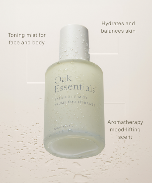 A bottle of Balancing Mist with water droplets, featuring text: Toning mist for face and body with soothing rose water and aloe leaf juice—hydrates, balances skin, and provides an aromatherapy mood-lifting scent.