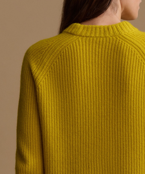 Close-up back view of a person wearing a ribbed knit sweater in a rich mustard yellow color, set against a solid warm beige background.