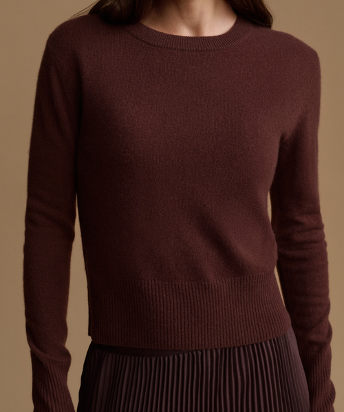 A close-up of a person wearing a dark brown crew-neck knit sweater, paired with a pleated dark skirt, against a solid beige background.