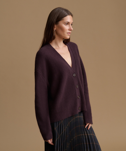 A woman wearing a dark plum ribbed cardigan with a V-neck and dark buttons, paired with a dark pleated skirt, photographed against a solid warm tan studio background.