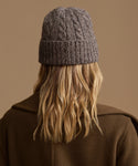 A person shown from the back wearing a dark gray cable-knit beanie and a brown coat, against a solid warm tan background.