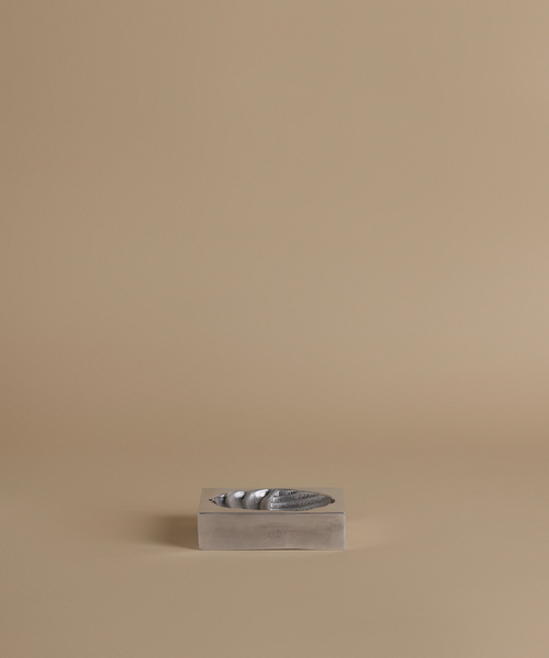 A small rectangular metallic tray or dish with a wavy interior, centered on a warm beige studio background.