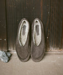 A pair of suede slip-on moccasin-style slippers with cream sherpa lining, displayed on a light concrete floor against a dark wooden plank background.