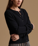 A woman wearing a black knit cardigan with a partially undone button placket, posed against a solid warm tan background.