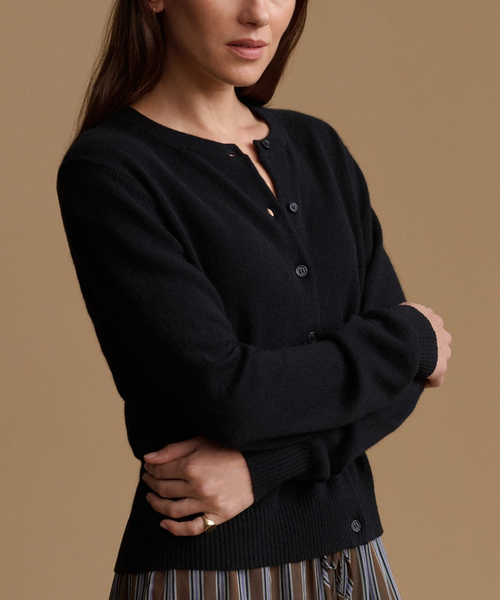 A woman wearing a black knit cardigan with a partially undone button placket, posed against a solid warm tan background.