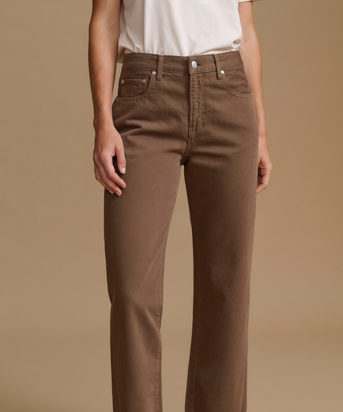 A model wearing brown high-waisted straight-leg jeans with a white t-shirt, shown from the waist down against a solid beige studio background.
