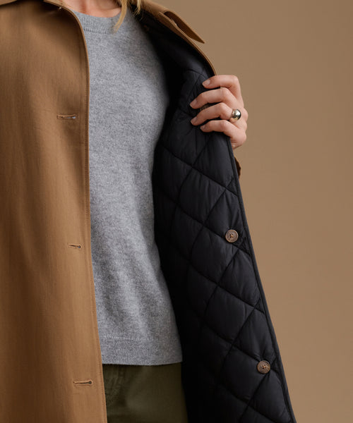 A close-up of a person wearing a tan coat over a light gray sweater, with the coat open to show a black quilted lining. The person's hand and a ring are visible, and the background is a solid warm tan color.