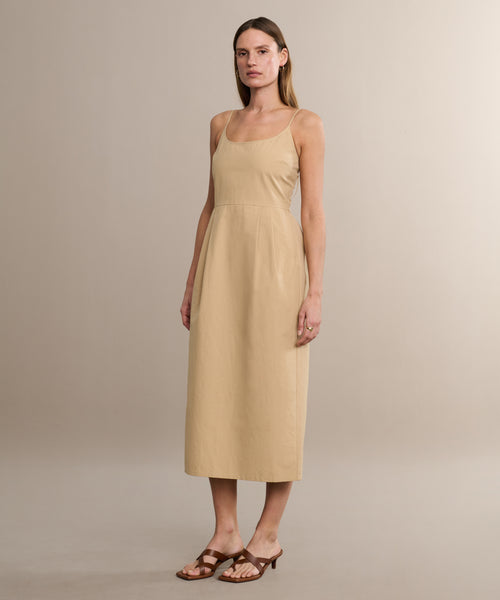 khaki a line dress Women's Bliss A-line Asymmetric Sleeved Khaki Silk Ankle Length Dress XS/S/M/L/XL/Customize Brown MEAN BLVD Brown / S main image 1