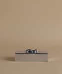 A rectangular metallic silver box with a small sculpted animal figure on top, set against a solid beige background.