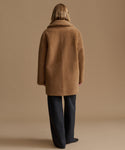 A woman viewed from behind wearing a camel-colored textured teddy coat and dark wide-leg trousers, standing against a solid warm beige studio background.
