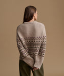 A woman shown from the back wearing a beige knit sweater with a dark brown and purple Fair Isle pattern across the shoulders and sleeves, paired with olive green pants, against a solid beige studio background.