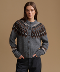A woman wearing a gray knit button-front cardigan sweater with a brown and cream Fair Isle yoke pattern, posed against a solid tan studio background.