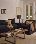 A styled living room featuring a dark navy blue sofa and matching armchair with beige and mustard accent pillows, set around a wooden coffee table on a beige carpet.