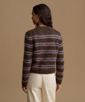 A woman shown from the back wearing a fuzzy brown knit sweater with horizontal purple and white stripes, paired with cream pants, against a solid beige studio background.