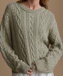 Green cable knit sweater worn by a person on a beige background