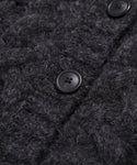 Close-up of the Cable Juliette Cardigan in dark gray, featuring a textured loose-knit pattern and large black buttons. The visible fibers enhance its cozy, inviting look.