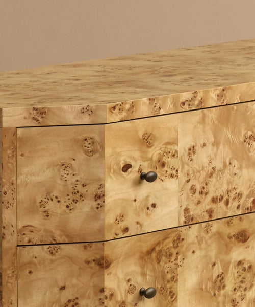 Close-up of the Carbon Dresser, showcasing its natural burlwood grain and two drawers with round metal knobs—an elegant option for modern bedroom décor.