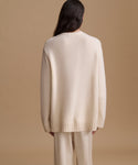 A model shown from the back wearing a cream-colored knit sweater and matching trousers against a solid beige background.