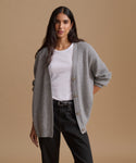 A woman modeling a light gray ribbed knit cardigan over a white t-shirt and black jeans, set against a solid beige studio background.
