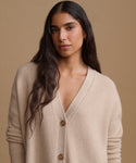 A woman with long dark hair wearing a beige cardigan with buttons, set against a solid warm beige background.