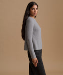 A woman shown in profile wearing a light gray ribbed knit sweater and dark jeans, standing against a solid warm beige studio background.