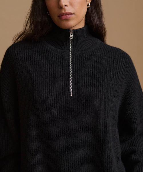 A close-up of a model wearing a black ribbed knit mock-neck sweater with a silver zipper at the collar, set against a solid warm beige background.