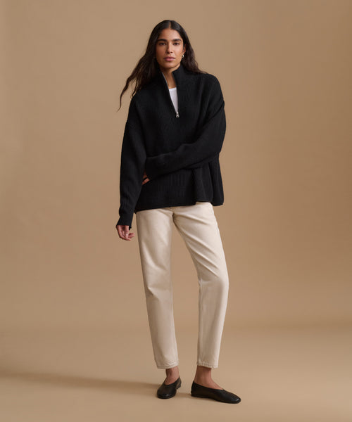 Kanataニット always summer knit 長袖 black XM Women's Cashmere Half Zip Black | Jenni Kayne