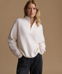 A woman wearing a cream-colored ribbed knit quarter-zip sweater and dark trousers, standing against a solid beige background.