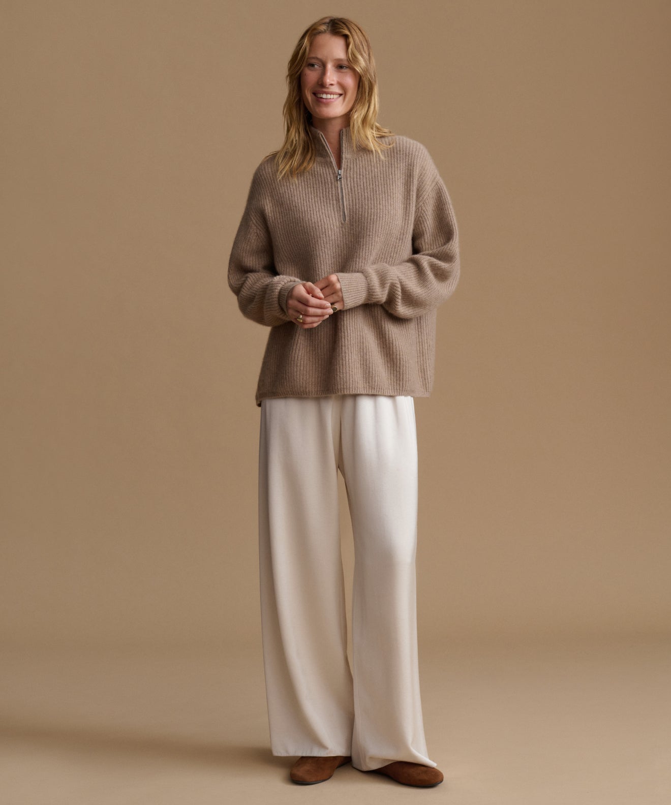 ＜H＞WOOL CASHMIERE BIG CPO Women's Cashmere Half Zip Undyed Stone | Jenni Kayne