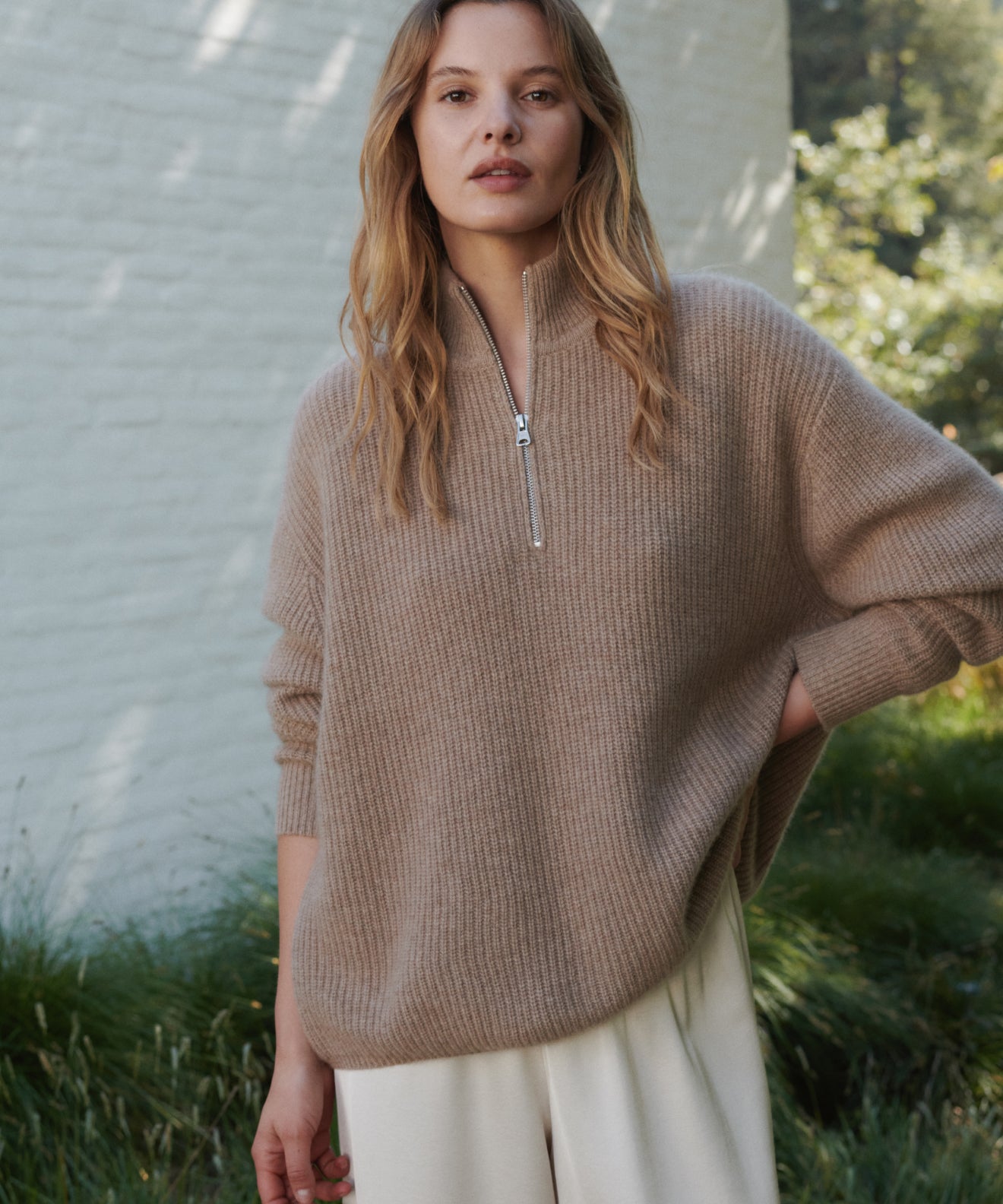 Women's Cashmere Half Zip Undyed Stone | Jenni Kayne