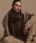 A person with slicked-back hair sits cross-legged against a beige background, wearing neutral-toned clothes with a long beige sweater, matching pants, gold hoop earrings, a ring, and a large dark brown Cashmere Shawl.