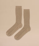 Cashmere Socks in ribbed caramel, shown flat on a beige background—ideal for cozy fall and winter days.