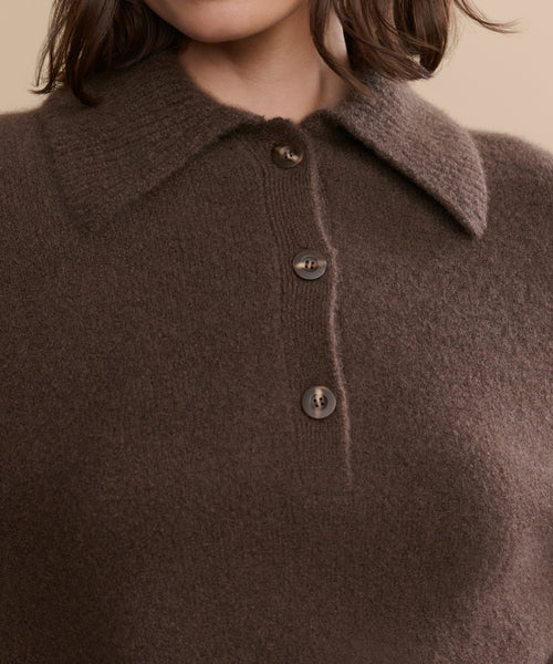Close-up of a person wearing the Cashmere Stevie Polo, a brown women's knit sweater with an oversized collar and three dark front buttons. The face is partially out of frame, and brown hair peeks above the cozy neckline.