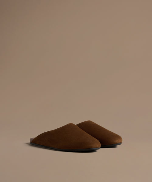 Pair of brown mules on a beige background
