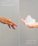 A left hand is coated in moisturizing Cloud Foaming Bath Oil, while the right holds silky white foam. Text reads, “From Hydrating Oil to Cloud-Like Silky Foam.” Enjoy a spa-like bath with Cloud Foaming Bath Oil.