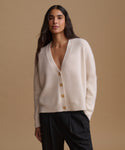 A woman modeling a cream ribbed knit cardigan with brown buttons, paired with black trousers, against a solid beige studio background.