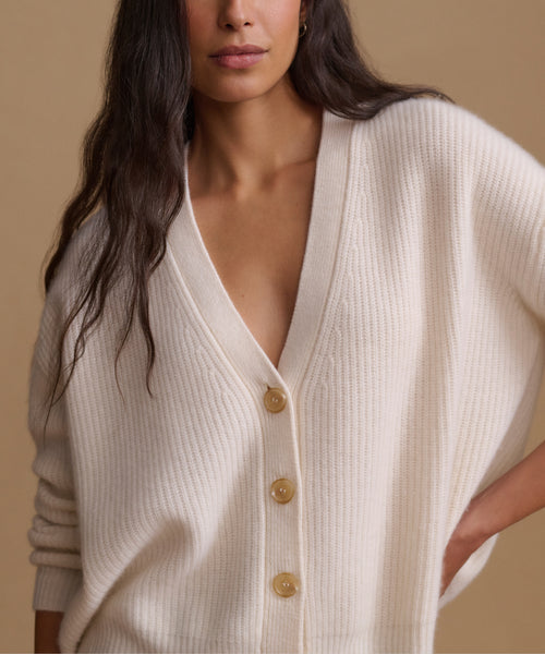 A close-up of a woman wearing a cream-colored ribbed knit cardigan with buttons, set against a solid beige background.