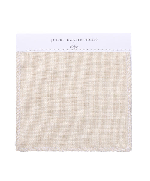 A square Fabric Swatch Beige Hemp with stitched edges, labeled Jenni Kayne Home on a white card—ideal for previewing upholstery options like the Dume Sofa.