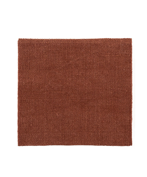 A Fabric Swatch Farmhouse Red Linen in a reddish-brown shade is shown textured and square-shaped on a white background.