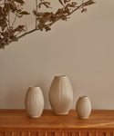 A handcrafted Porta Ceramic Vase and two other beige ceramic vases with vertical ridges sit on a wooden surface beneath a branch with dark leaves, set against a plain beige wall.