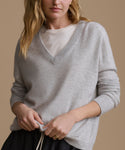 Person wearing a gray sweater over a white shirt on a beige background