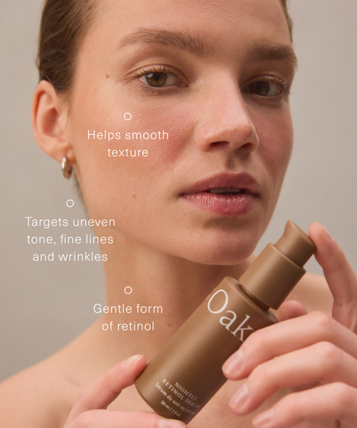 A woman with minimal makeup holds a brown bottle of Nightly Retinol Serum. Text highlights benefits: smooths texture, hydrates, targets uneven tone, fine lines, and wrinkles with a gentle form of retinol.