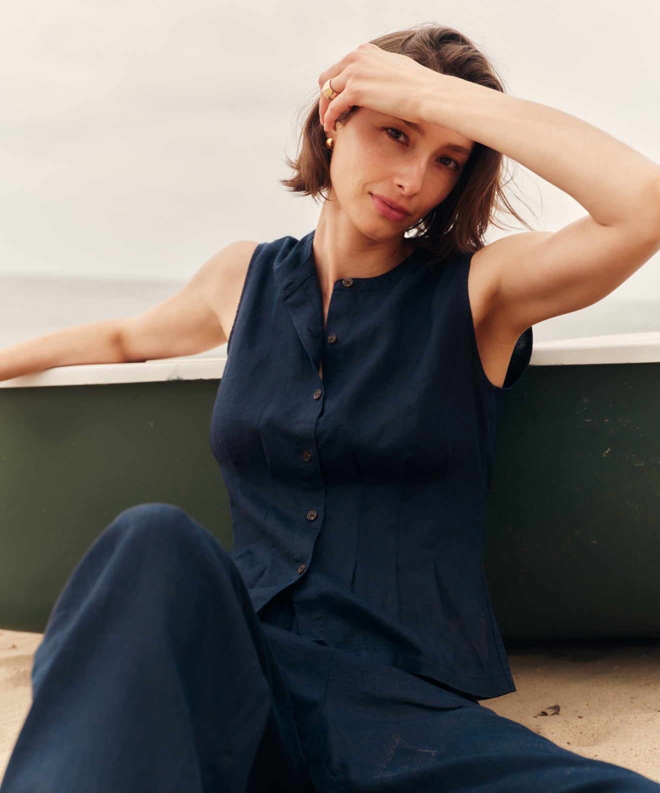 トップス eskandar Linen Tops Box Silhouette Navy Linen Lara Top | Jenni Kayne