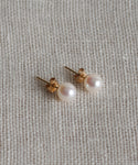 The Medium Loren Pearl Studs, crafted in 14k gold and featuring round freshwater pearls, rest elegantly on textured beige fabric.