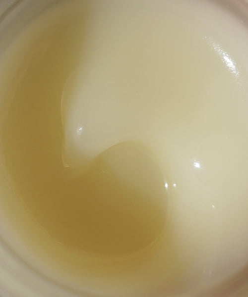 Close-up of Moisture Rich Balm, a creamy, semi-transparent formula swirled in its container. This pale yellow to off-white balm is infused with Sea Buckthorn Oil for deep moisture and a glossy finish.