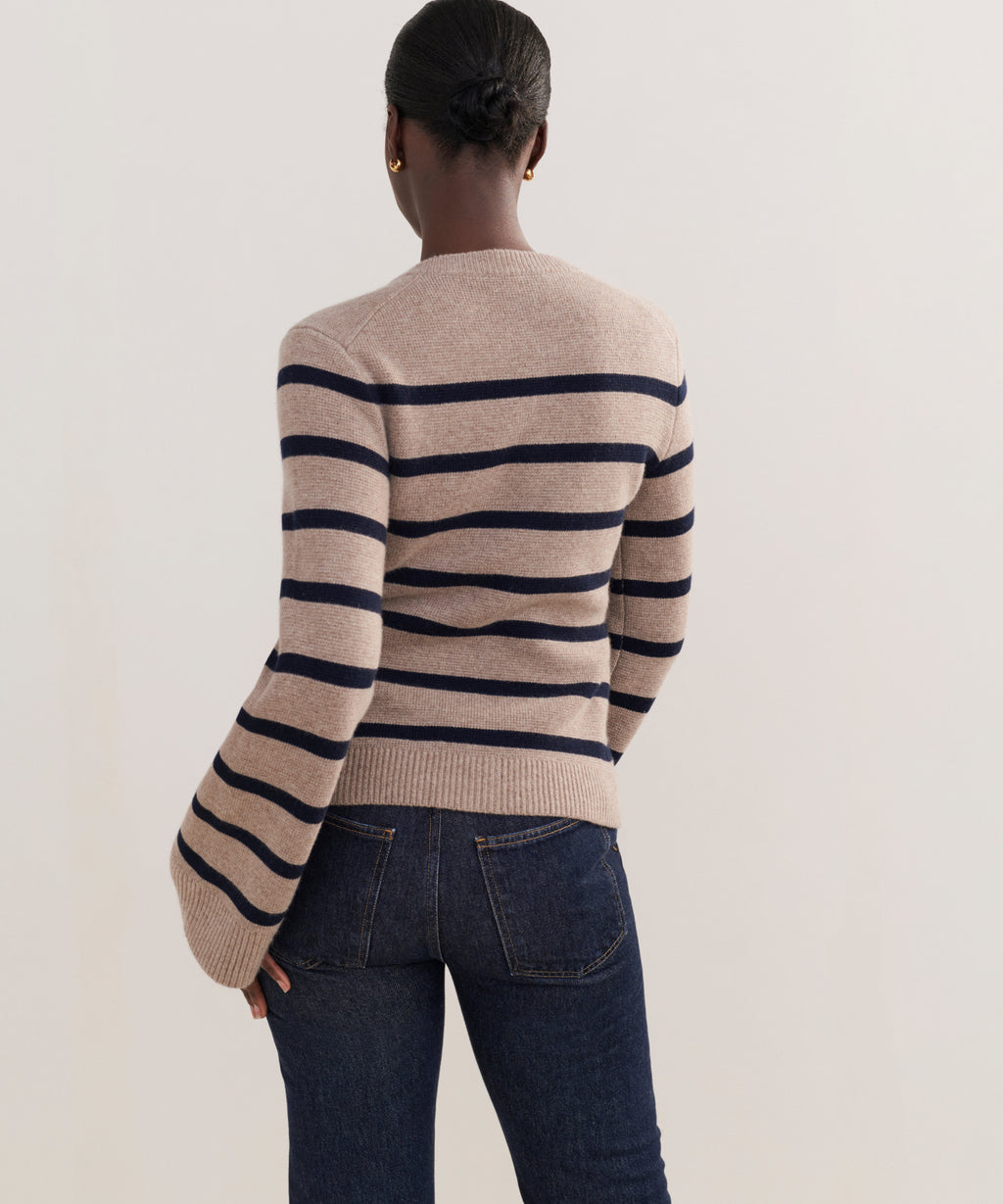 Oui Navy/Cream Striped Knitted Cardigan Style Jacket