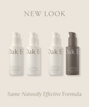 Four Oak Essentials’ Youthful Skin Serum Duo is shown with updated packaging: three white bottles with white pumps, one dark brown with a brown pump. Benefits include skin renewal and hydration. Text says NEW LOOK and Same Naturally Effective Formula.